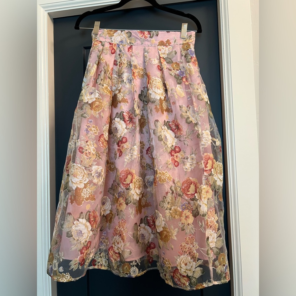 Chicwish Pink Floral A-Line Midi Skirt